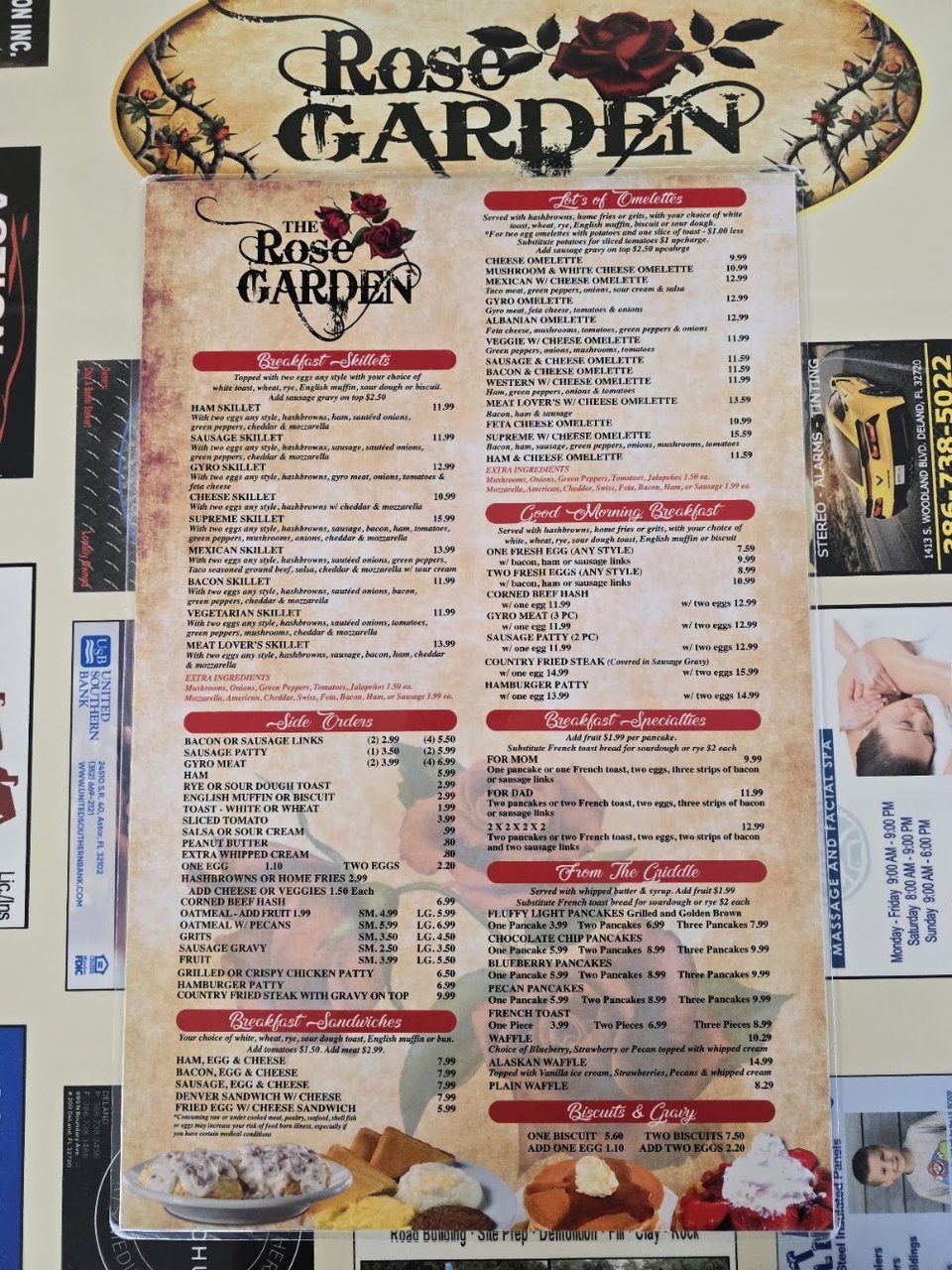 Menu page with breakfast, lunch, and dinner sections.